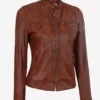 Womens Cognac Top Leather Biker Jacket With Quilted Shoulder Detailing
