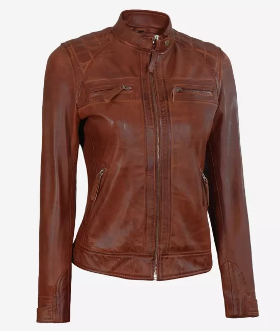 Womens Cognac Top Leather Biker Jacket With Quilted Shoulder Detailing