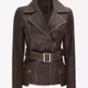 Women's Dark Brown Rub Off Asymmetrical Belted Full Genuine Leather Jacket
