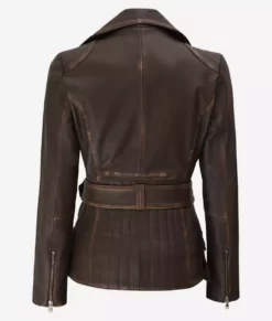 Women's Dark Brown Rub Off Asymmetrical Belted Genuine Leathet Jacket