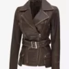 Women's Dark Rub Off Asymmetrical Belted Genuine Leather Jacket