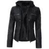 Women’s Detachable Hooded Motor Bike Top Leather Jacket