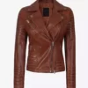 Womens Distressed Cognac Asymmetrical Padded Biker Genuine Leather Jacket