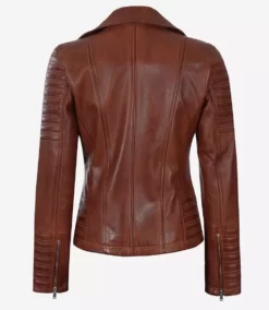 Womens Distressed Cognac Asymmetrical Padded Biker Leather Jacket Back