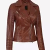 Womens Distressed Cognac Asymmetrical Padded Genuine Leather Jacket