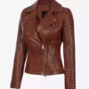 Womens Distressed Cognac Padded Biker Genuine Leather Jacket