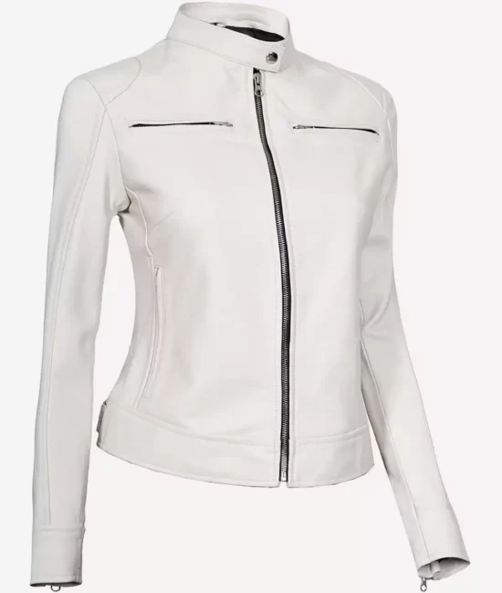 Women's Dodge White Cafe Racer Real Leather Coat