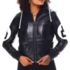 Women's Eight Ball Black Bomber Fur Hood Leather Jacket