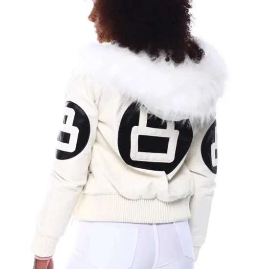 Women's Eight Ball David Puddy White Bomber Fur Hood Collar Leather Jacket