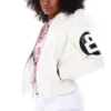 Women's Eight Ball David Puddy White Bomber Fur Hood Collar Real Leather Jacket