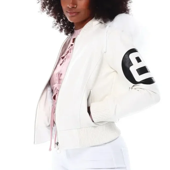 Women's Eight Ball David Puddy White Bomber Fur Hood Collar Real Leather Jacket