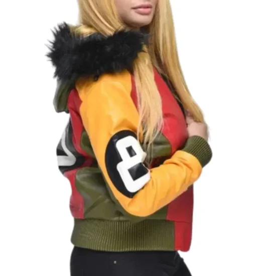 Women’s Eight Ball Green & Yellow Fur Hooded Leather Jacket