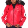 Women's Eight Ball Red Bomber Fur Hooded Leather Jacket