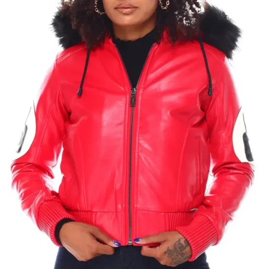 Women's Eight Ball Red Bomber Fur Hooded Leather Jacket