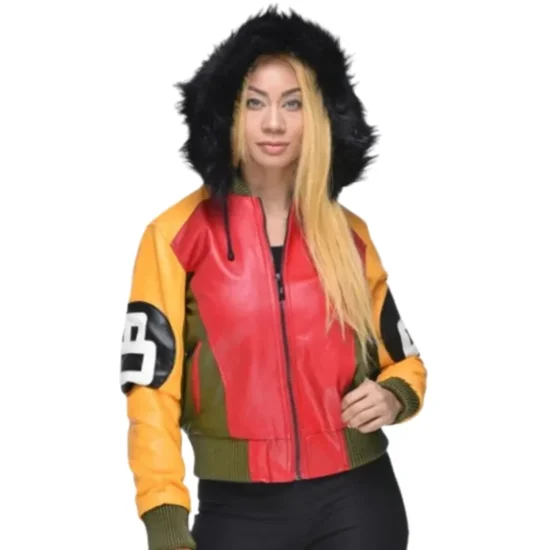 Women’s Eight Ball Red & Yellow Fur Hooded Leather Jacket