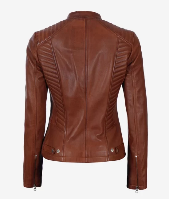 Womens Genuine Leather Cognac Biker Jacket