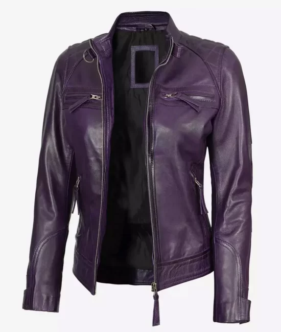 Womens Lambskin Full Genuine Leather Purple Biker Jacket