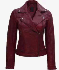 Womens Lambskin Leather Asymmetrical Maroon Moto Jacket