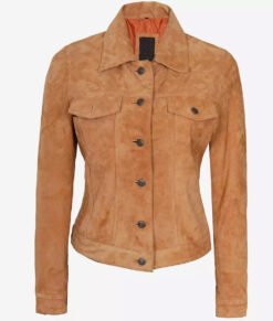 Womens Light Brown Trucker Suede Leather Jacket