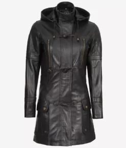 Womens Luxurious Black Hooded Best Quality Leather Coat