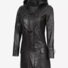 Womens Luxurious Black Hooded Leather Coat