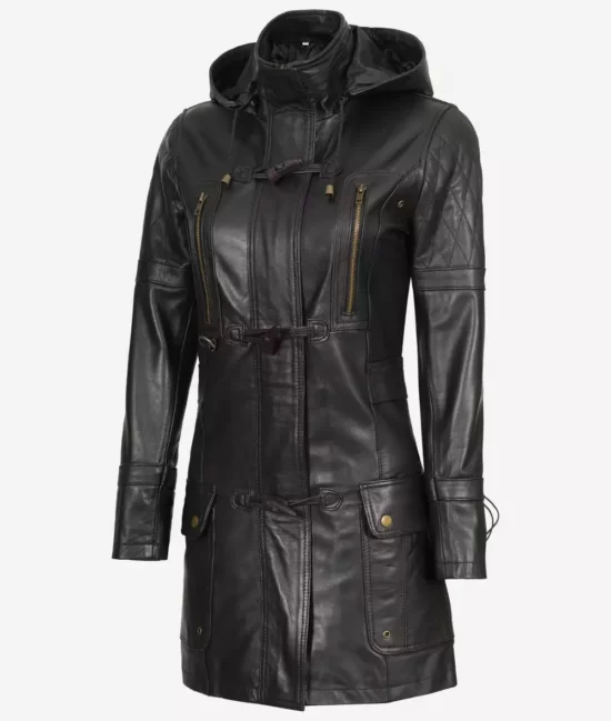 Womens Luxurious Black Hooded Leather Coat