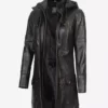 Womens Luxurious Black Hooded Premium Real Leather Coat