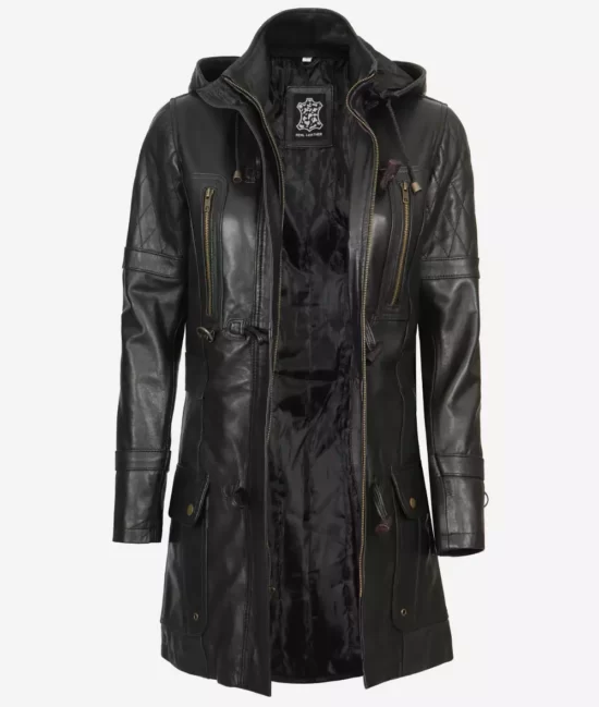 Womens Luxurious Black Hooded Pure Leather Coat