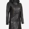 Womens Luxurious Black Hooded Top Leather Coat