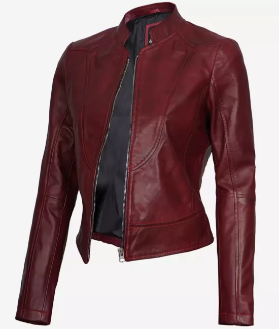 Womens Maroon Cafe Racr Top Leather Jacket