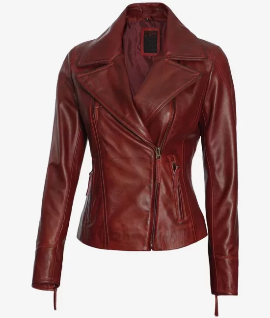 Womens Maroon Real Lambskin Leather Asymmetrical Motorcycle Full Genuine Leather Jacket