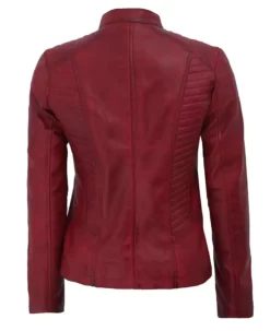 Womens Maroon Vegan Best Leather Mandarin Collar Biker Jacket