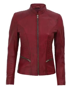 Womens Maroon Vegan Leather Mandarin Collar Biker Jacket