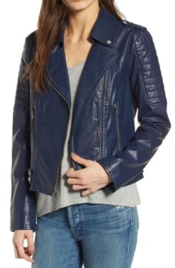 Womens Navy Blue Biker Real Leather Jacket
