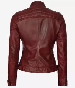 Womens Premium Vegan Leather Maroon Quilted Motorcycle Jacket