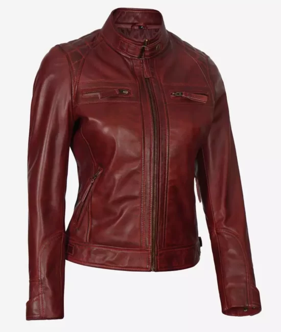 Womens Pure Vegan Leather Maroon Quilted Motorcycle Jacket