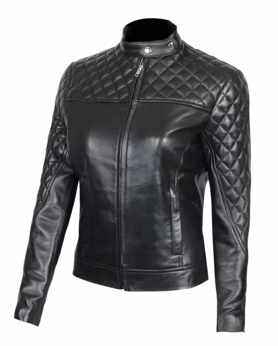 Womens Quilted Black Biker Real Leather Jacket