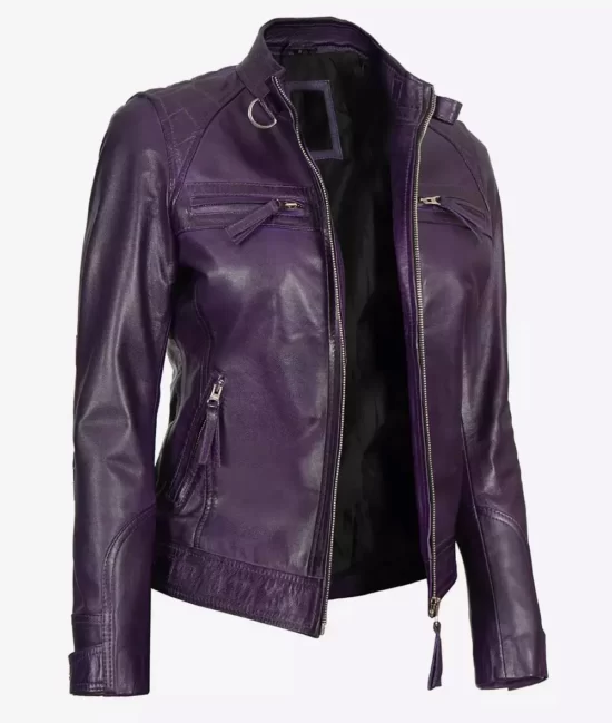 Womens Real Lambskin Full Genuine Leather Purple Biker Jacket