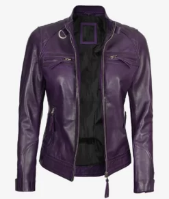 Womens Real Lambskin Genuine Leather Purple Biker Jacket
