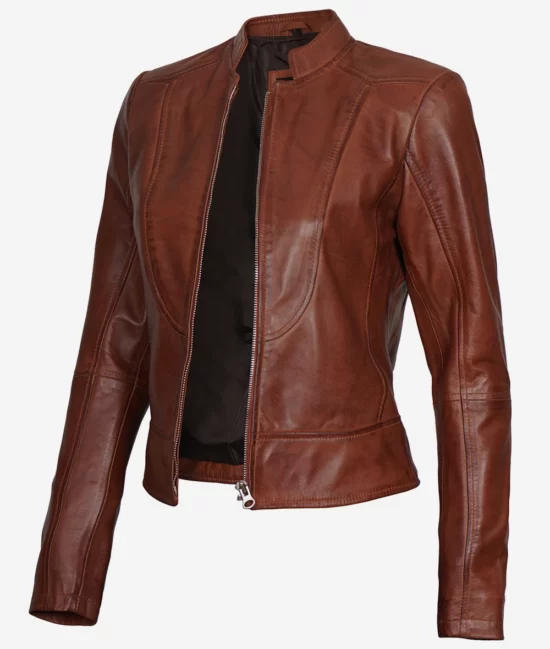 Womens Best Lambskin Leather Cognac Biker Jacket
