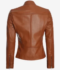 Womens Real Lambskin Leather Tan Biker Jacket Back