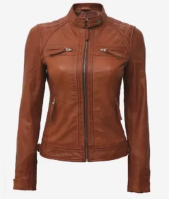 Womens Real Lambskin Top Leather Tan Quilted Biker Jacket