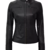 Womens Real Leather Black Biker Jacket Front