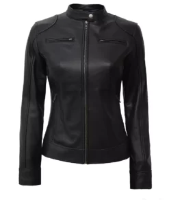 Womens Real Leather Black Biker Jacket Front