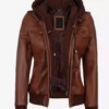 Womens Real Leather Bomber Jacket With Removable Hood