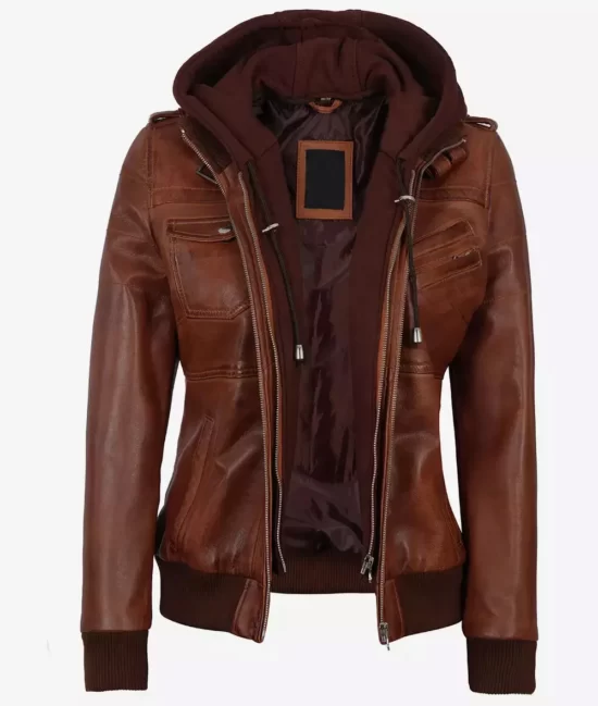 Womens Real Leather Bomber Jacket With Removable Hood