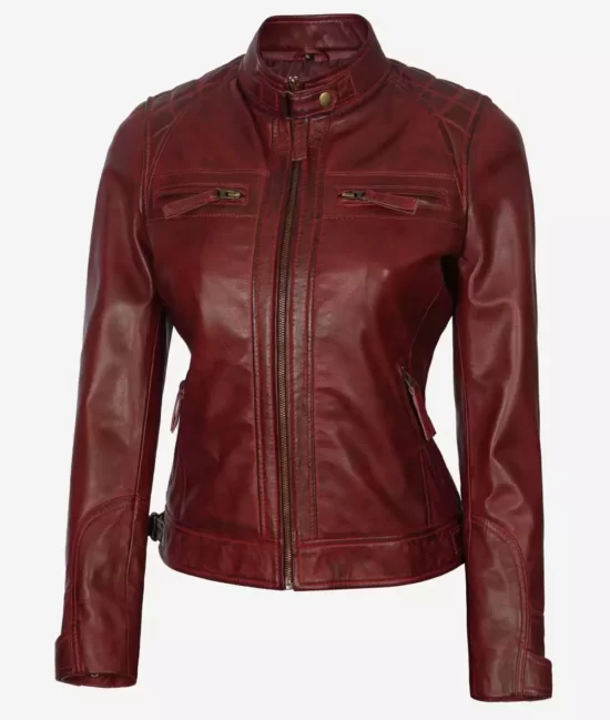 Womens Real Vegan Leather Maroon Quilted Motorcycle Jacket