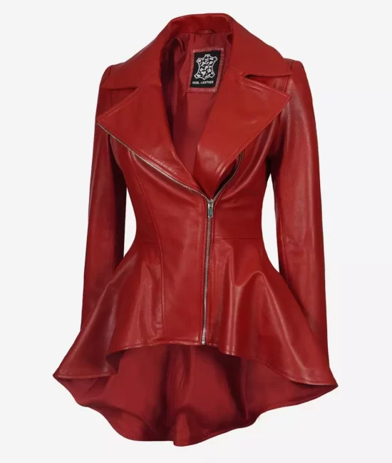 Womens Red Top Leather Peplum Jacket - Frock Style Coat