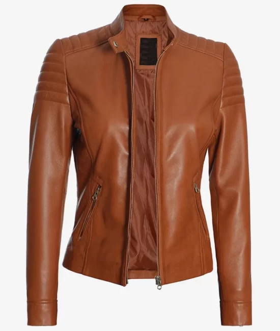 Womens Tan Lambskin Leather Biker Jacket