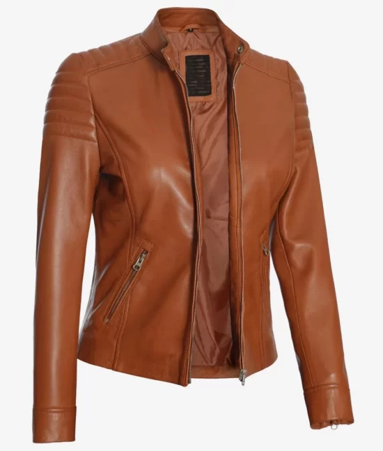 Womens Tan Real Lambskin Full Genuine Leather Biker Jacket
